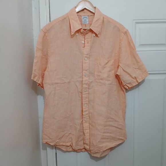 Brooks brothers mens large REGENT shirt apricot peach 100% linen shortsleeve - Picture 1 of 8